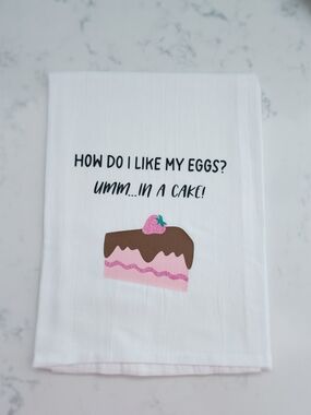 White Kitchen Towel with Pink Cake Design - Humorous Printed Dish Towel